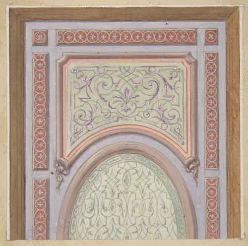 Partial design for the decoration of a ceiling with an oval panel at center by Jules-Edmond-Charles Lachaise, drawing, 1830-1897
