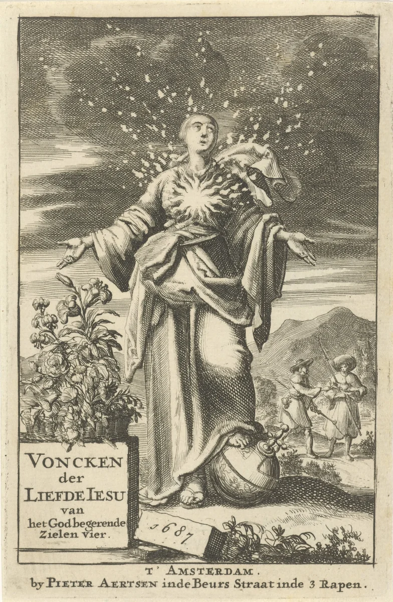 Vrouw met brandende boezem blikt hemelwaarts by Jan Luyken, print, 1687