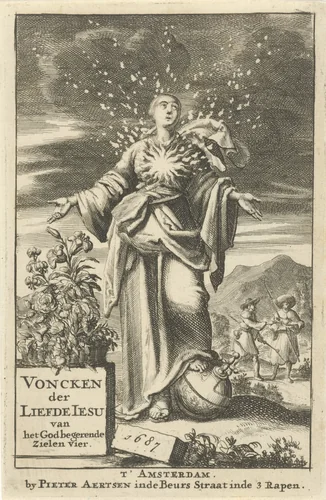 Vrouw met brandende boezem blikt hemelwaarts by Jan Luyken, print, 1687