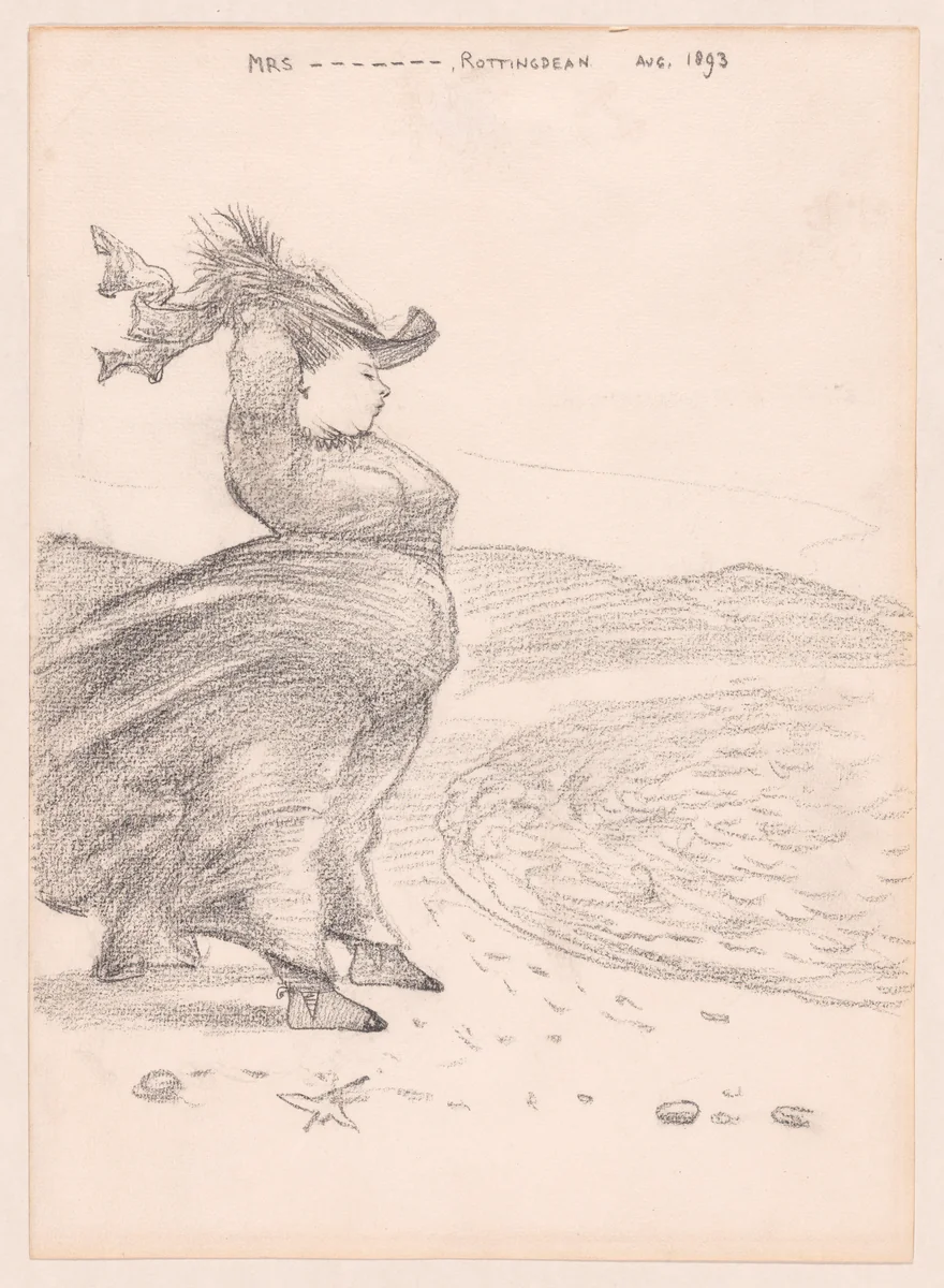 Caricature of a windblown woman on the beach at Rottingdean, Sussex by Sir Edward Burne-Jones, drawing, 1893