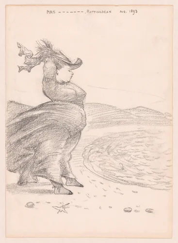 Caricature of a windblown woman on the beach at Rottingdean, Sussex by Sir Edward Burne-Jones, drawing, 1893