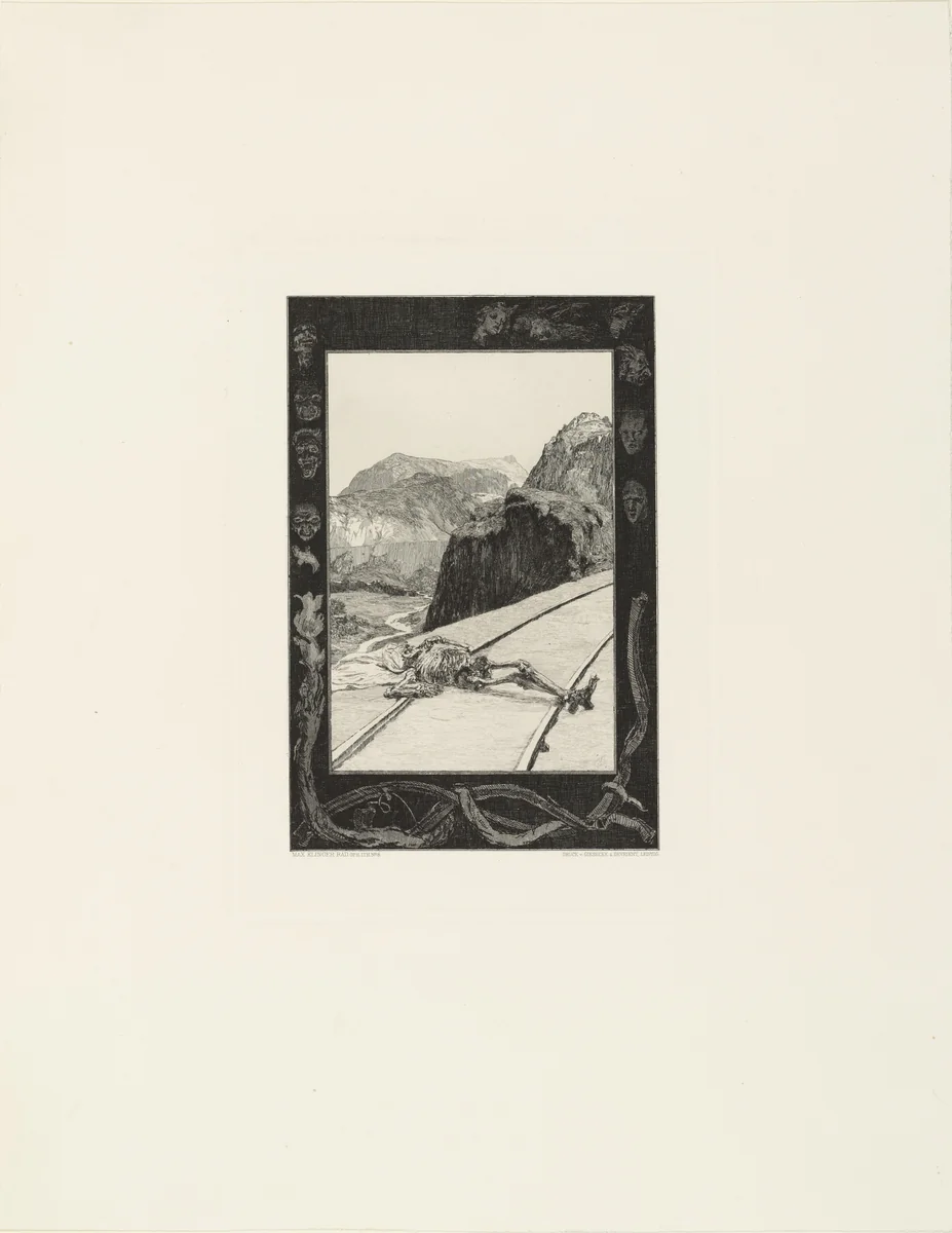 On the Tracks (Auf den Schienen) (plate 8) from the portfolio On Death, Part I, Opus XI (Vom Tode, Erster Teil, Opus XI) by Max Klinger, print, 1883
