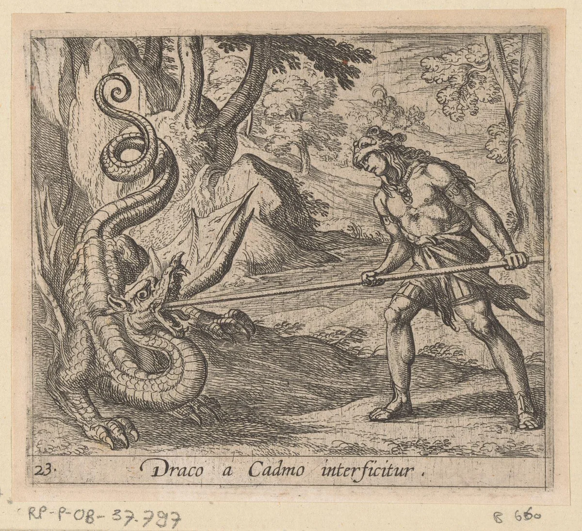 Cadmus doodt de draak by Antonio Tempesta, print, 1606