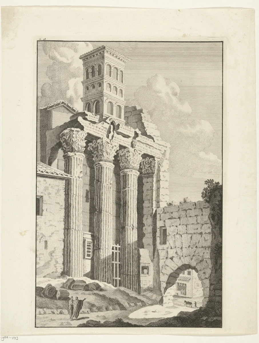 Romeinse ruïne met drie korinthische zuilen by Bonaventura van Overbeek, print, 1708