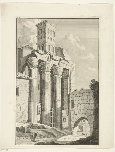 Romeinse ruïne met drie korinthische zuilen by Bonaventura van Overbeek, print, 1708