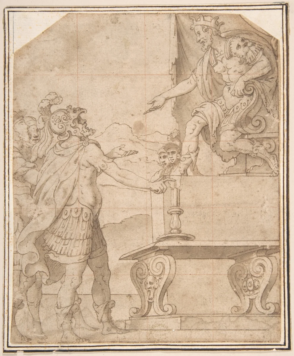 Mucius Scaevola Burning off his Hand before Porcenna by anonymous, drawing, 1500-1600