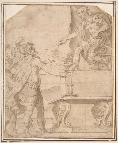 Mucius Scaevola Burning off his Hand before Porcenna by anonymous, drawing, 1500-1600