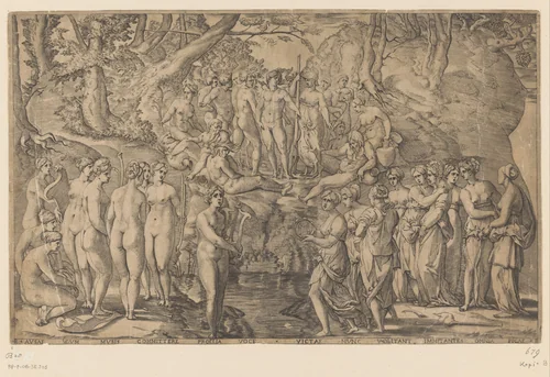 Wedstrijd tussen de Muzen en de Pierides by Giovanni Jacopo Caraglio, print, 1510-1553