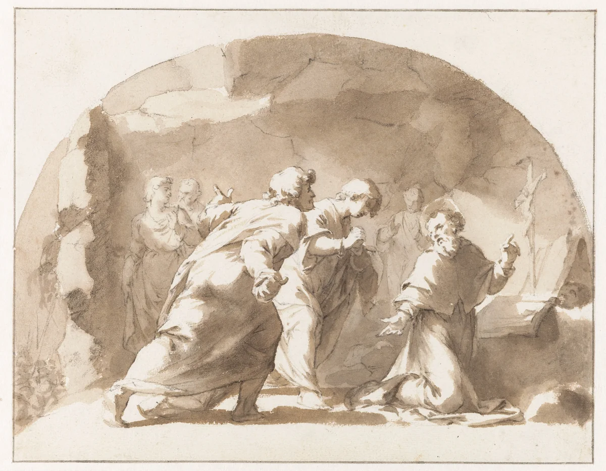 De H. Gregorius (?) in een grot by Jan de Bisschop, drawing, 1648-1671