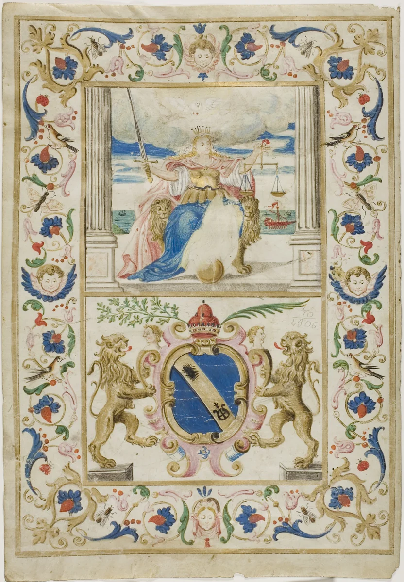 Figure of Justice and Shield with Lions Rampant by European, manuscript, 1400-1599