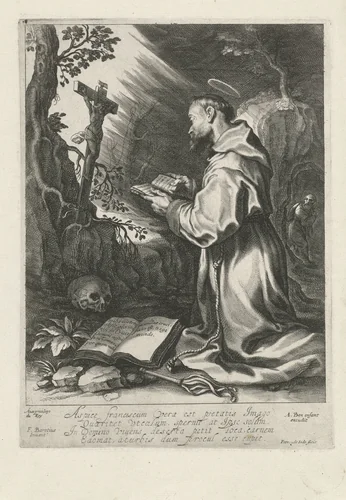 De heilige Franciscus, knielend voor crucifix by Unknown, print, 1590-1632