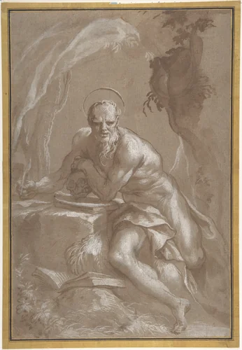Saint Jerome in the Wilderness by Domenico Piola, drawing, 1627-1703