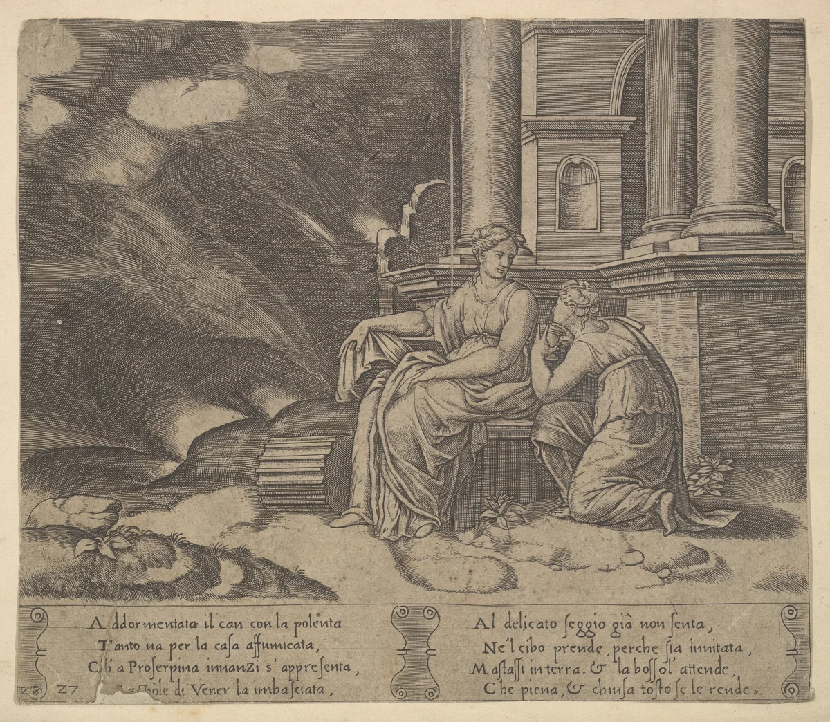 Plate 27: Proserpina gives Psyche the box of beauty, from 'The Fable of Cupid and Psyche' by Master of the Die, print, 1530-1560