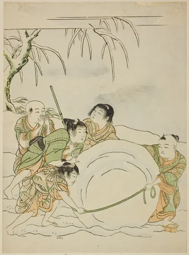 Five Young Boys Rolling a Large Snowball by Isoda Koryusai, print, 1767-1777