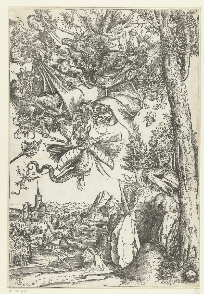 Verzoeking van Antonius met aanval door demonen by Unknown, print, 1506