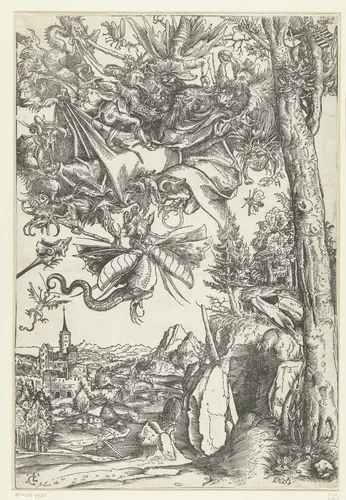 Verzoeking van Antonius met aanval door demonen by Unknown, print, 1506