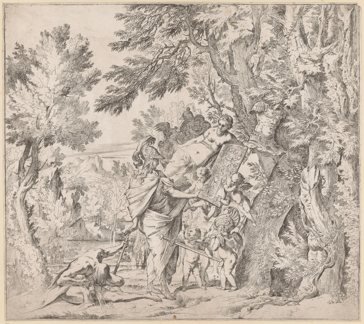 Venus schenkt Aeneas zijn wapenrusting by Pietro Testa, print, 1640