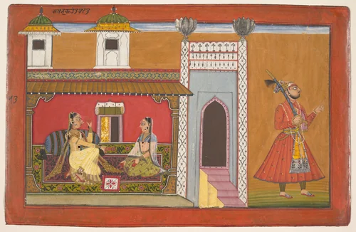 A Courtesan and Her Lover Estranged by a Quarrel: Page from a Rasamanjari series by Devidasa, painting, 1694-1695
