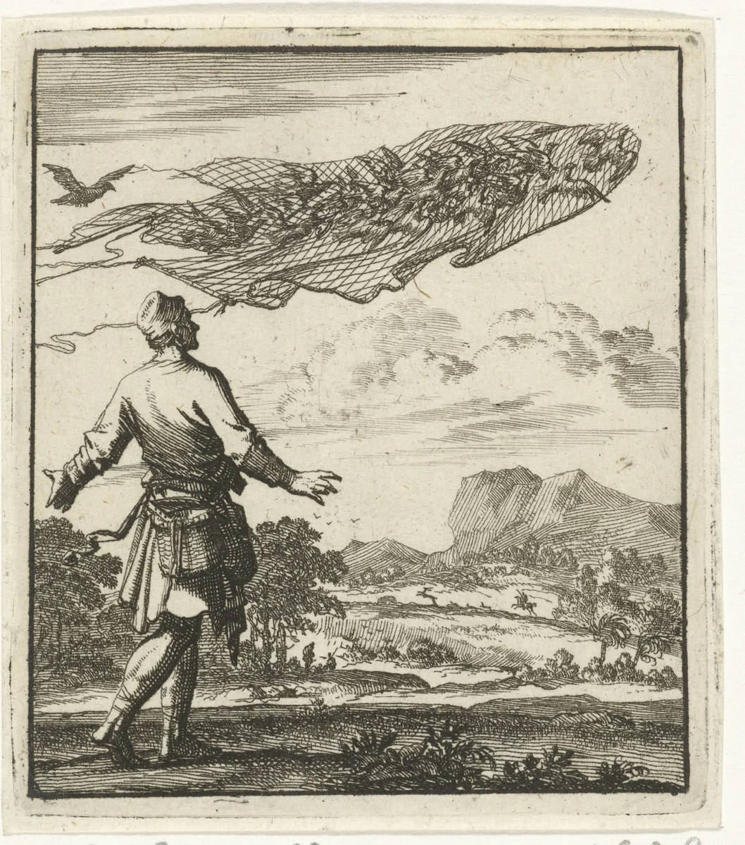 Vogelvanger kijkt toe hoe zijn vogelnet door een aantal daaronder gevangen duiven wordt weggevlogen by Jan Luyken, print, 1693