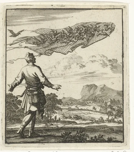 Vogelvanger kijkt toe hoe zijn vogelnet door een aantal daaronder gevangen duiven wordt weggevlogen by Jan Luyken, print, 1693