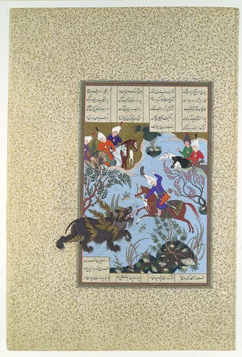 "Bahram Gur Slays the Rhino-Wolf", Folio 586r from the Shahnama (Book of Kings) of Shah Tahmasp by Abu'l Qasim Firdausi, manuscript, 1505-1560
