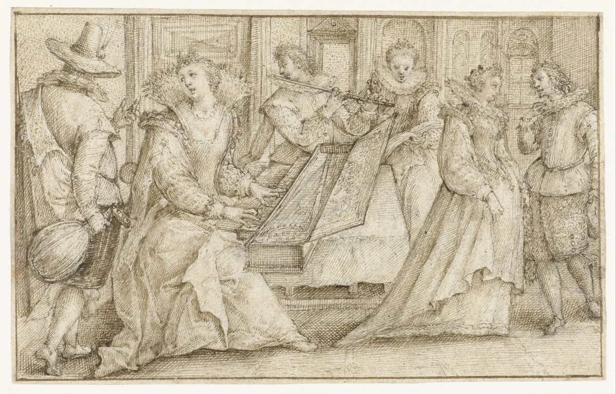 Twee musicerende paren en een dansend paar by Crispijn van de Passe, drawing, 1575-1599