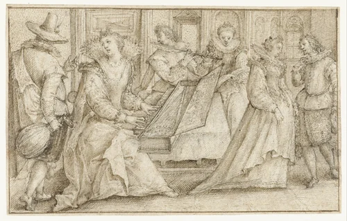 Twee musicerende paren en een dansend paar by Crispijn van de Passe, drawing, 1575-1599