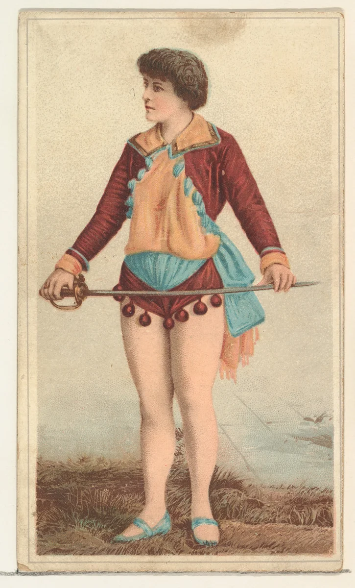 Actress holding long sword in both hands, from Stars of the Stage, Second Series (N130) issued by Duke Sons & Co. to promote Honest Long Cut Tobacco by W. Duke, Sons & Co., print, 1891