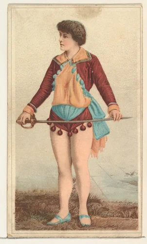 Actress holding long sword in both hands, from Stars of the Stage, Second Series (N130) issued by Duke Sons & Co. to promote Honest Long Cut Tobacco by W. Duke, Sons & Co., print, 1891