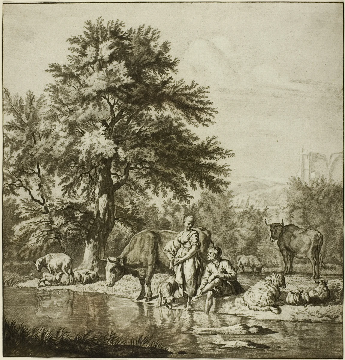 Two Shepherds with Cattle by Jacob Cornelis Ploos van Amstel, print, 1746-1798