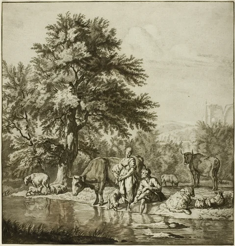 Two Shepherds with Cattle by Jacob Cornelis Ploos van Amstel, print, 1746-1798