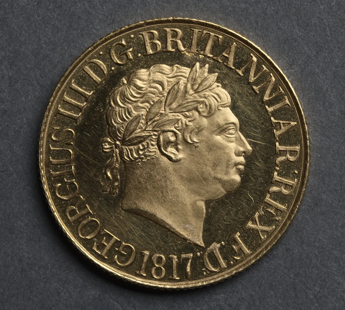 Sovereign: George III (obverse) by Benedetto Pistrucci, metalwork, 1817
