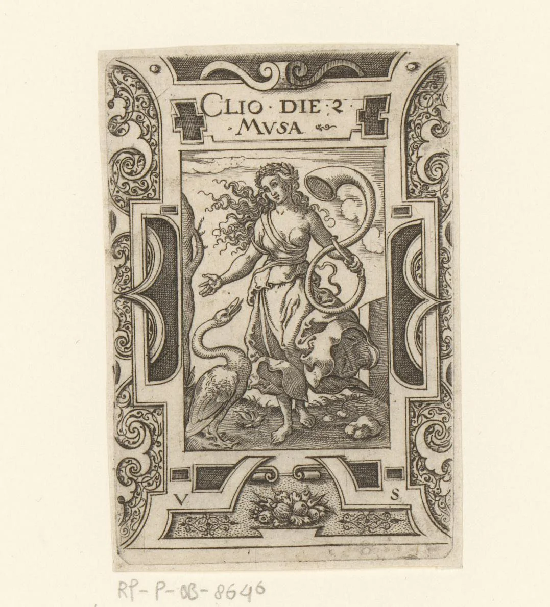 Clio in rolwerk omlijsting by Unknown, print, 1524-1562