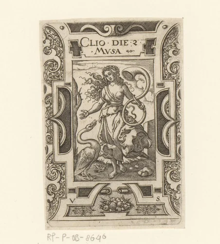Clio in rolwerk omlijsting by Unknown, print, 1524-1562