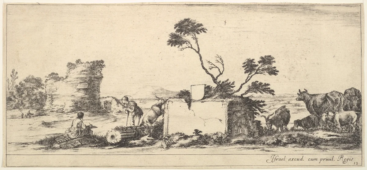 Plate 12: a seated draughtsman to left, a standing shepherd next to him to right, ruins and animals to the right, a tower in ruins to left in the background, from "Various Landscapes" (Divers Paysages) by Stefano della Bella, print, 1636-1646