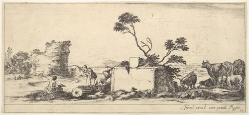 Plate 12: a seated draughtsman to left, a standing shepherd next to him to right, ruins and animals to the right, a tower in ruins to left in the background, from "Various Landscapes" (Divers Paysages) by Stefano della Bella, print, 1636-1646