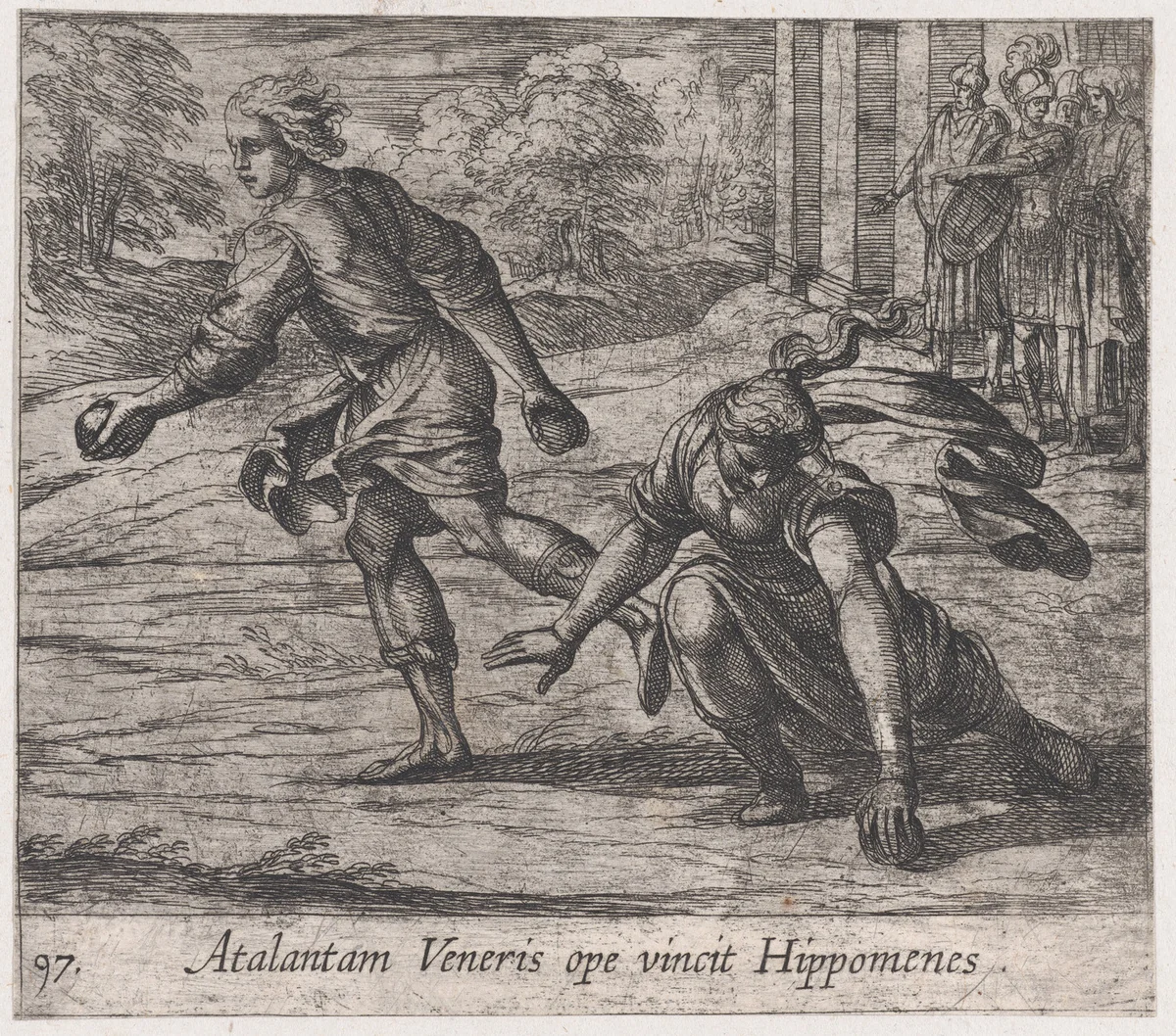 Plate 97: Hippomenes Winning the Race with Atalanta (Atalantam Veneris ope vincit Hippomenes), from Ovid's 'Metamorphoses' by Antonio Tempesta, print, 1606