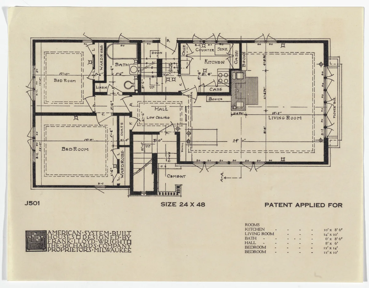 American System-Built Houses for The Richards Company project, Milwaukee, Wisconsin (Plan) by Frank Lloyd Wright, architecture, 1915