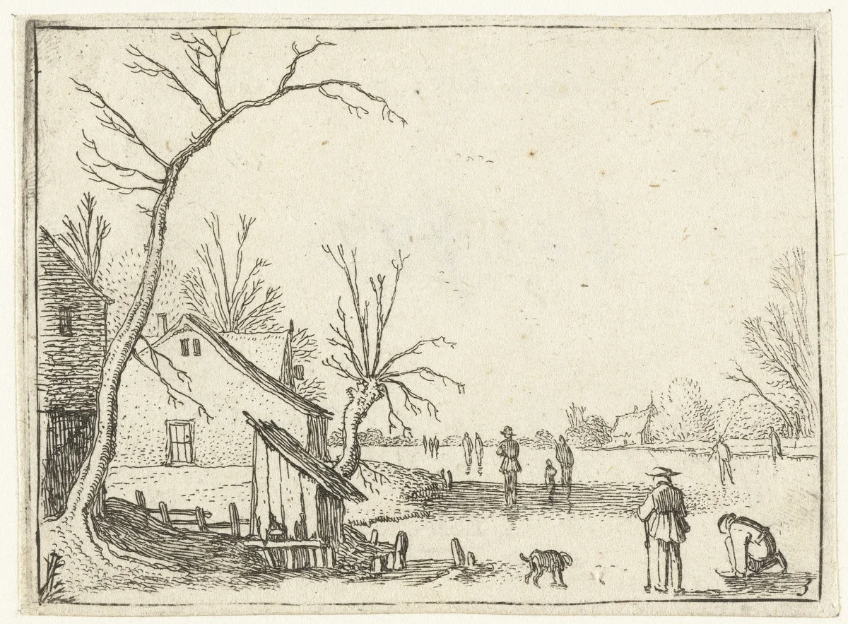Boerderij bij bevroren rivier en schaatsers op het ijs by Esaias van de Velde, print, 1614
