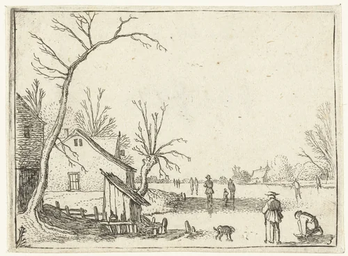 Boerderij bij bevroren rivier en schaatsers op het ijs by Esaias van de Velde, print, 1614