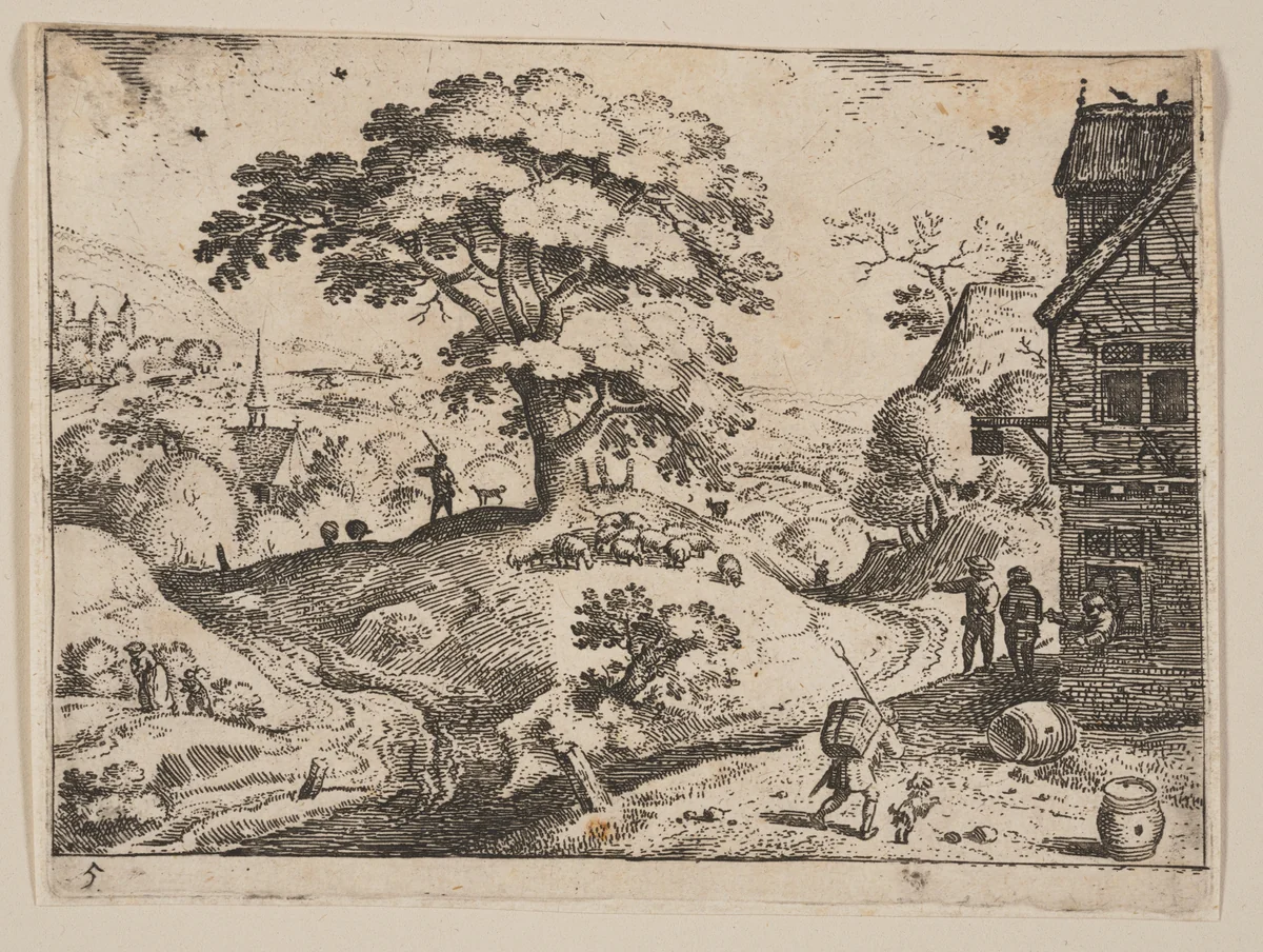 Inn to Right of Road before Village, from Landscapes by Jacob Savery, print, 1590-1600
