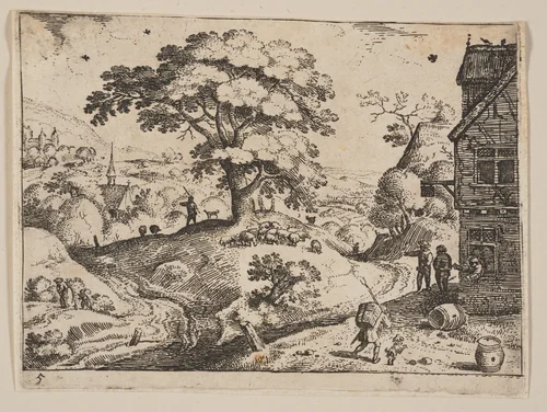 Inn to Right of Road before Village, from Landscapes by Jacob Savery, print, 1590-1600