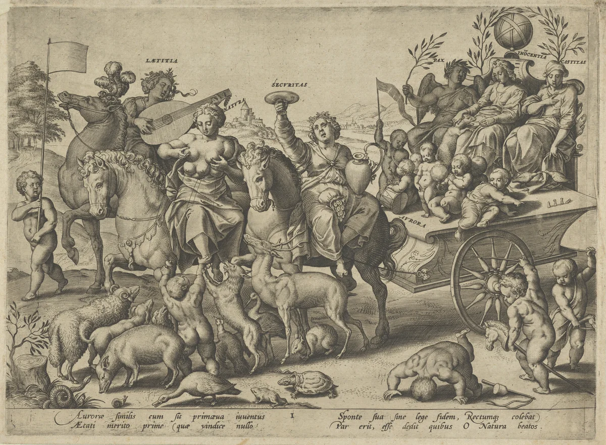 Childhood (Dawn), from "The Four Ages of Man and Death with the Last Judgment" by Hieronymus Wierix, print, 1575-1619