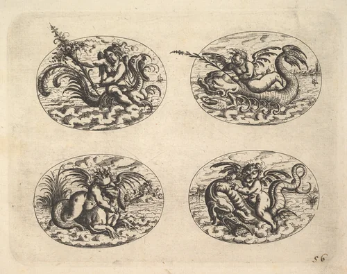 Four Ovals with Genii, from "Neue Grotessken Buch" by Christoph Jamnitzer, print, 1610