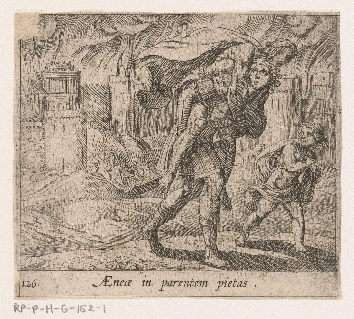 Aeneas vlucht met zijn familie uit Troje by Antonio Tempesta, print, 1606-1638