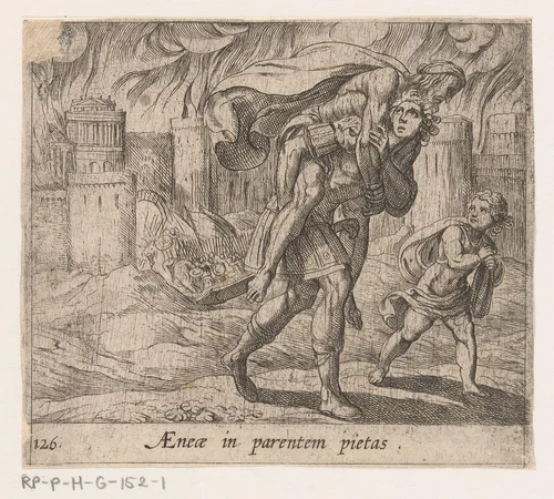 Aeneas vlucht met zijn familie uit Troje by Antonio Tempesta, print, 1606-1638