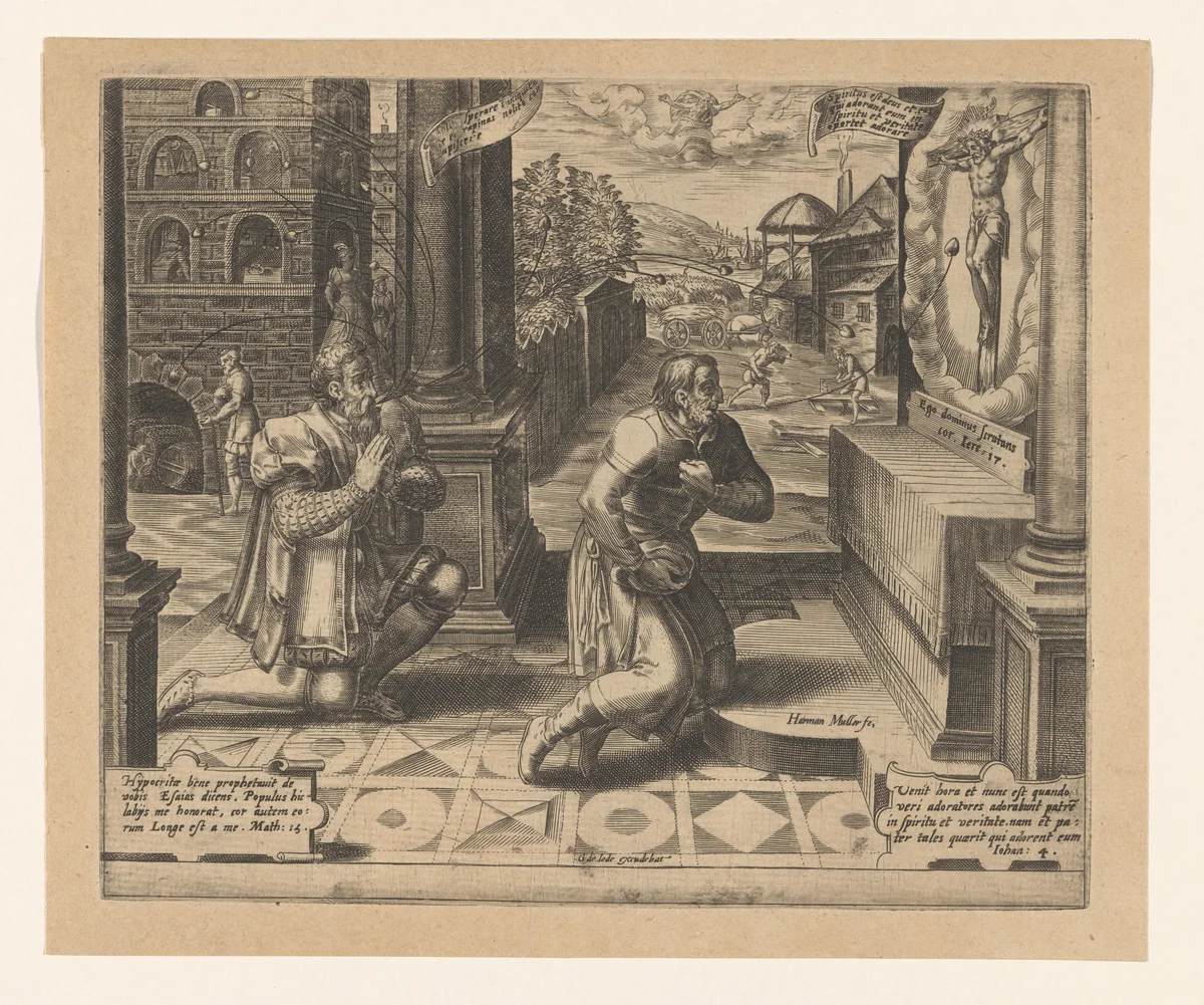 Allegorie van de rijke en de arme man voor Christus by Harmen Jansz Muller, print, 1575-1600