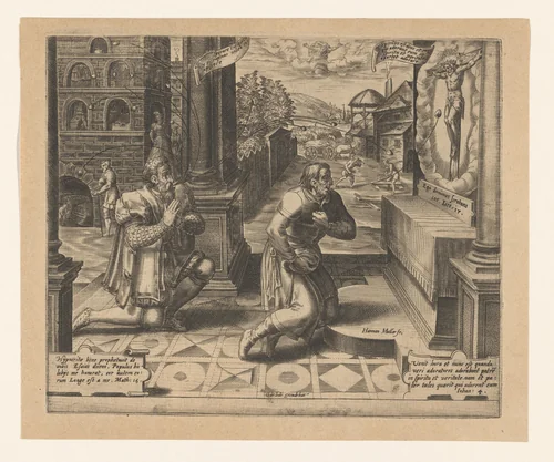 Allegorie van de rijke en de arme man voor Christus by Harmen Jansz Muller, print, 1575-1600