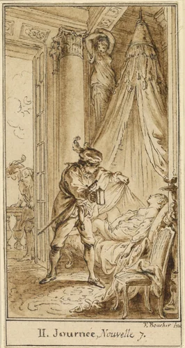 Second Day, Seventh Story: The Duke of Athens Contemplating the Sleeping Princess Alatiel by Hubert François Gravelot, drawing, 1757