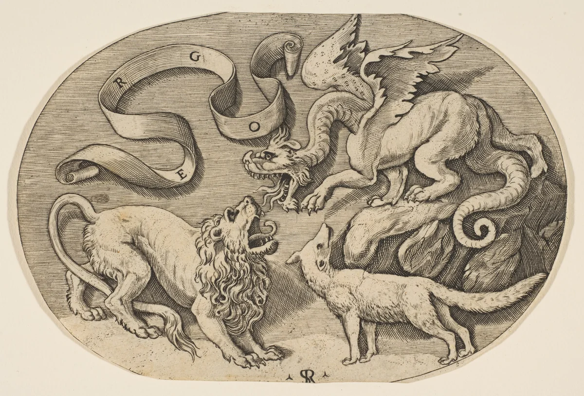 A lion, dragon and fox fighting each other, an inscribed banderole above, an oval composition by Marco Dente, print, 1510-1532